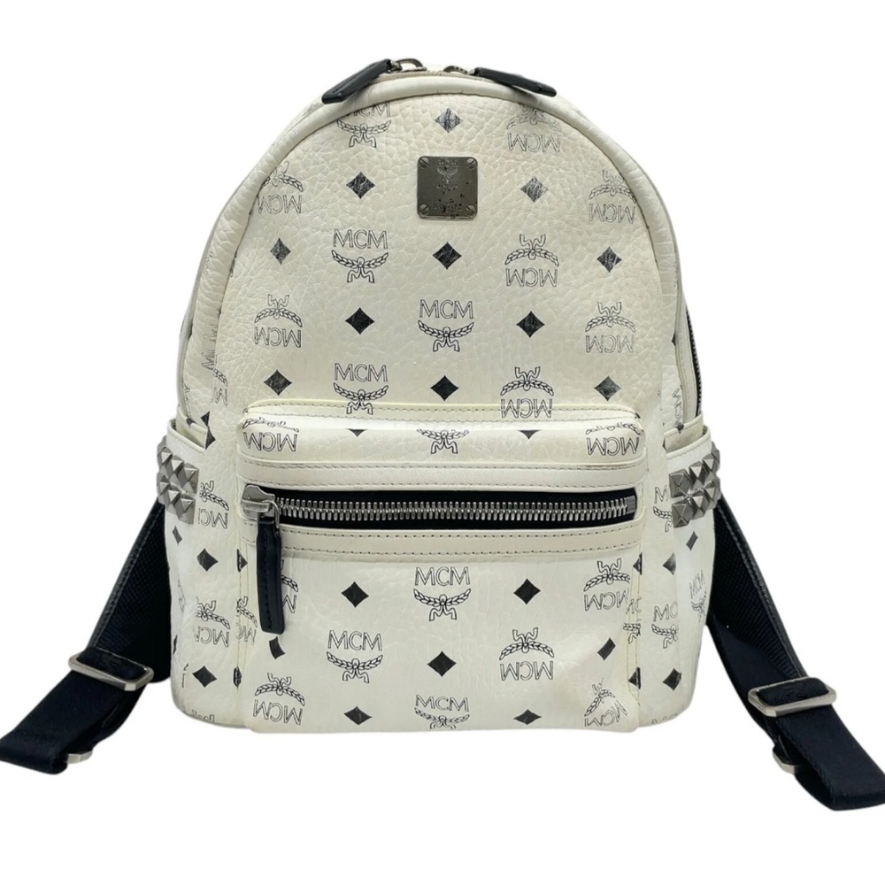 Authentic MCM Visetos Pattern White Leather Studded Backpack medium size